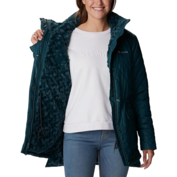 Columbia Women's Quilted Water Resistant Teal Emerald Green Jacket Faux Fur Sz M - Picture 3 of 16